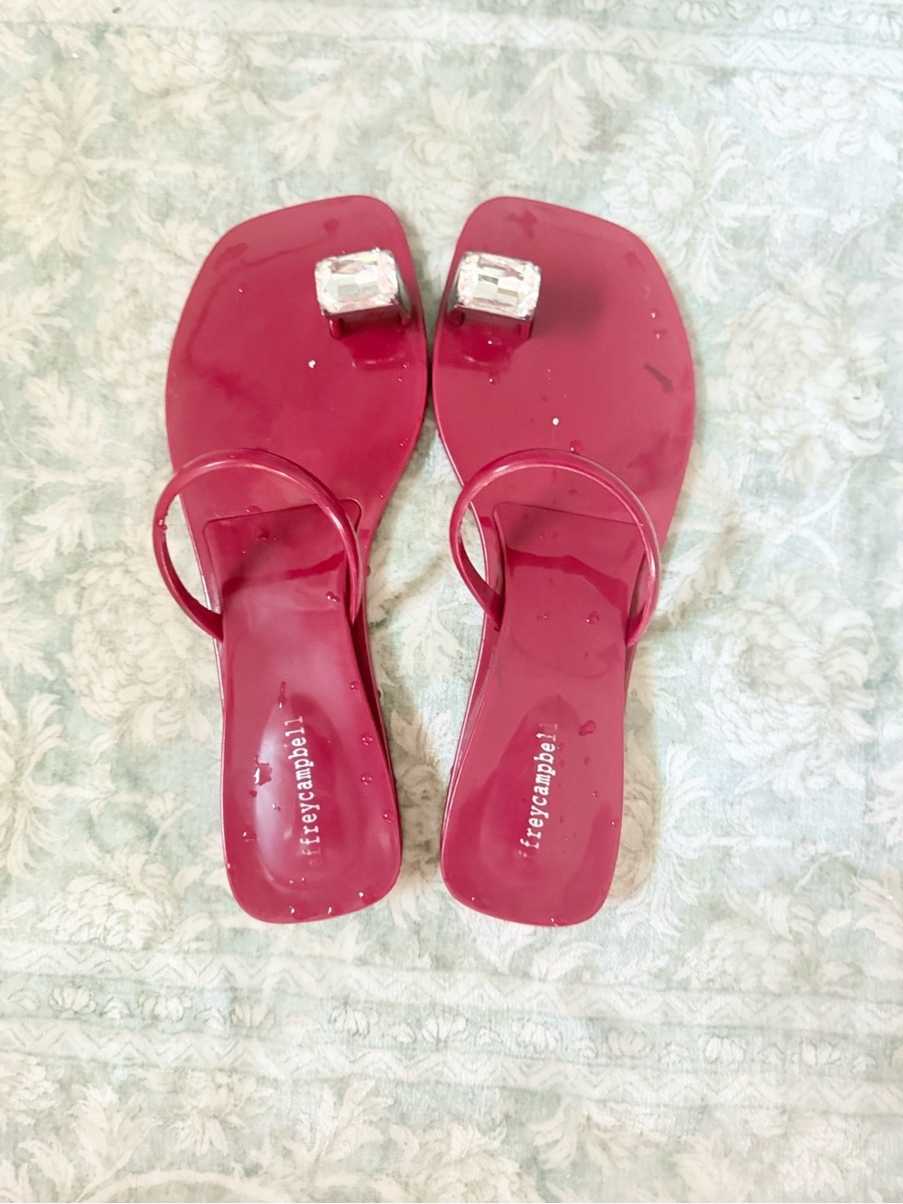 FreyCampbell Red Jelly Toe-Ring Sandals with Gem Accent